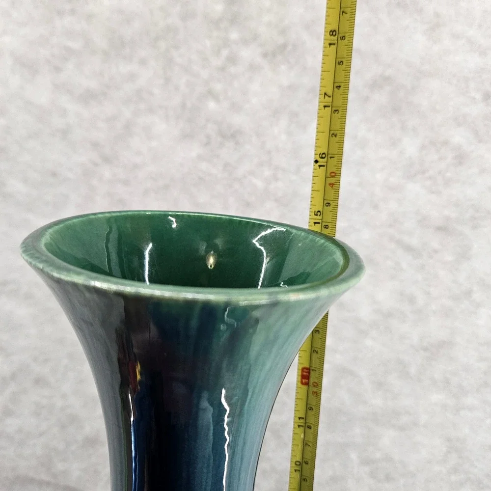 Haeger USA Green Teal Blue Ceramic Vase Raised Floral Tree Design 15